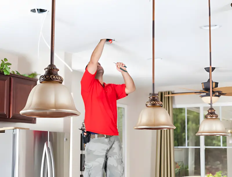 Installer adjusting glass pendant lights in a kitchen