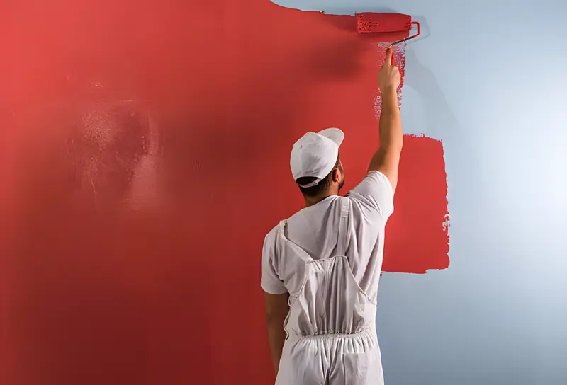 Painter rolling deep red paint across an accent wall