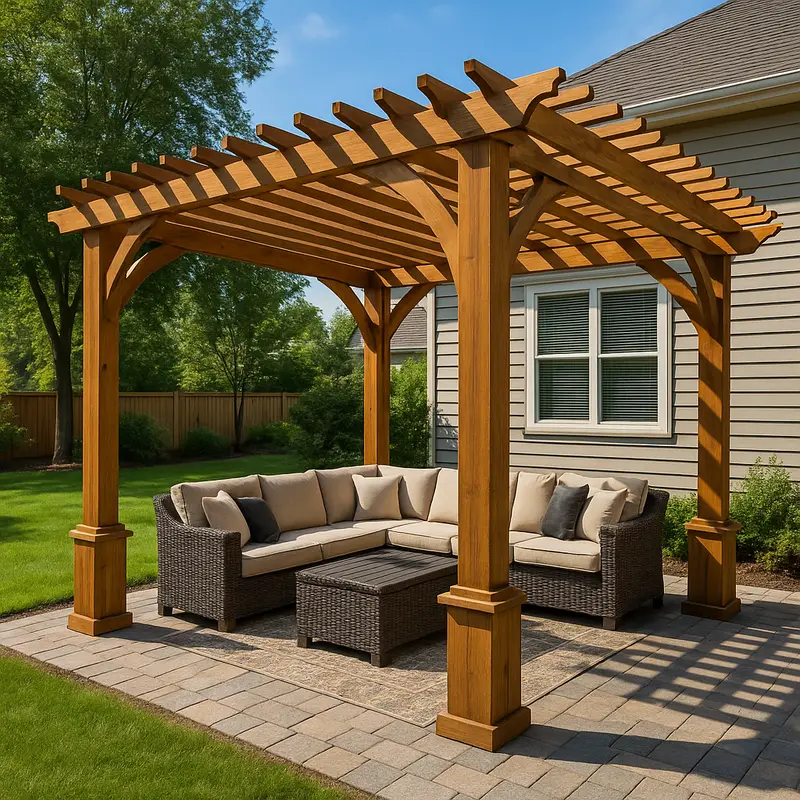 Cedar-tone wood pergola over a patio seating area